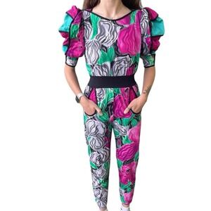 Jeanne Marc Vintage 80 Jumpsuit Women's Sz 4/6 Petite Abstract